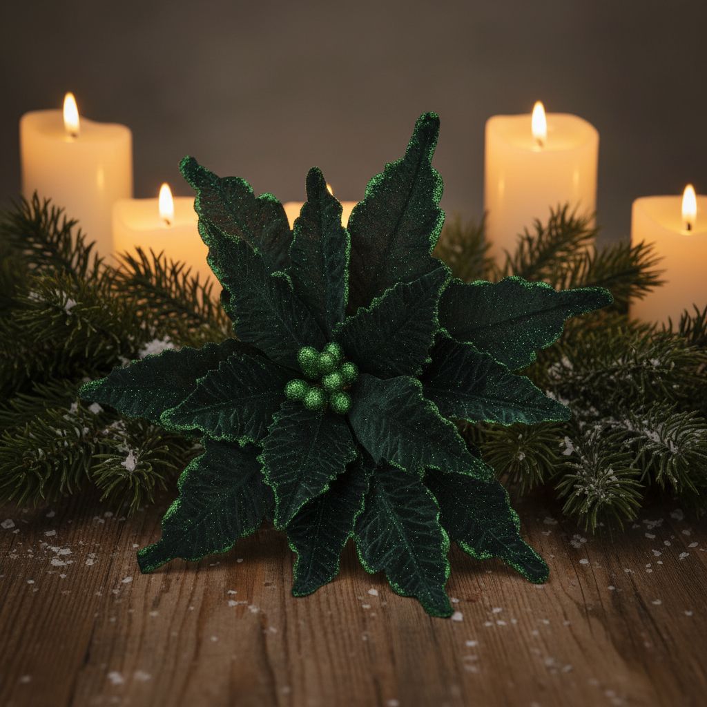Dark Green Christmas Poinsettia Stem with Glitter 68cm