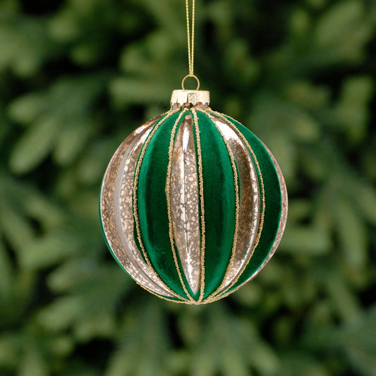 Green Flocked Mercury Effect Gold Glass Christmas Tree Decoration