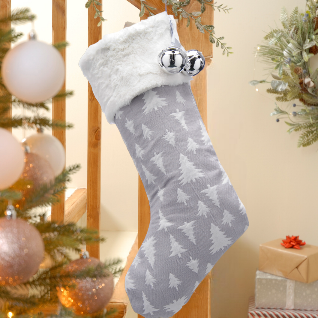 Christmas Grey Stocking with Tree Design 48cm