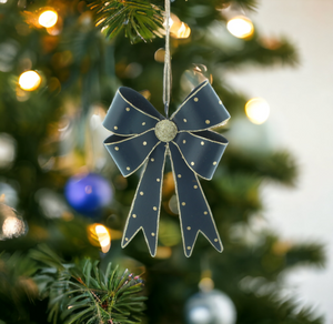 Blue Metal Christmas Bow with Gold Glitter Detail 18cm