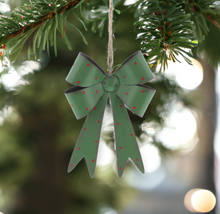 Load image into Gallery viewer, Green Metal Christmas Bow with Red Spots 18cm
