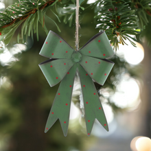 Load image into Gallery viewer, Green Metal Christmas Bow with Red Spots 25cm
