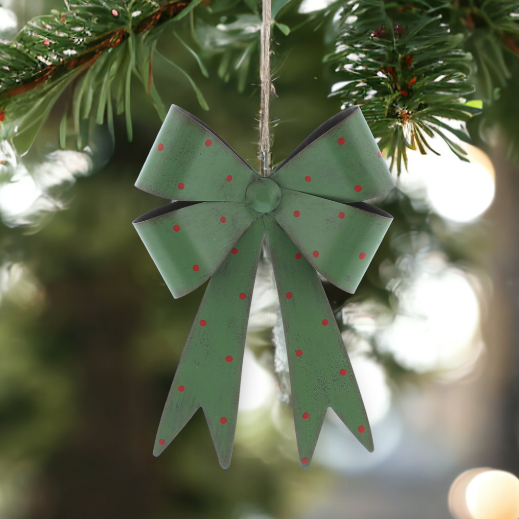 Green Metal Christmas Bow with Red Spots 25cm