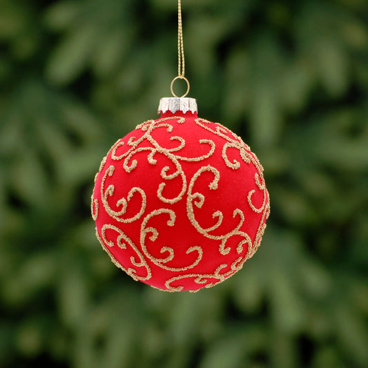 Flocked Red Glitter Swirl Glass Christmas Tree Decoration