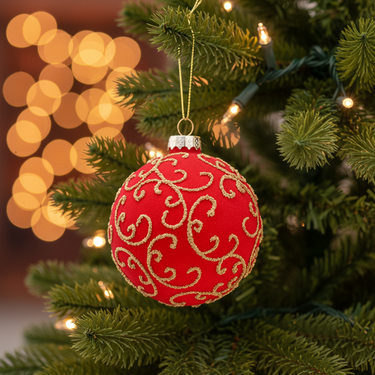 Red Christmas ball with gold patterns hanging against a blurred green tree background