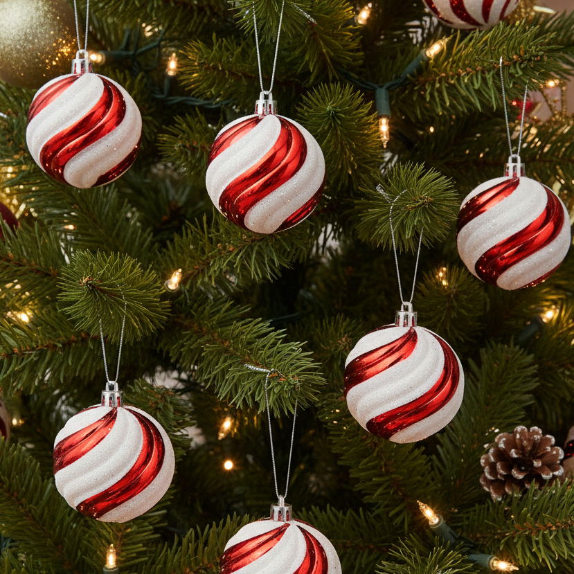 Set of 6 Red and White Candy Cane Christmas Baubles 8cm