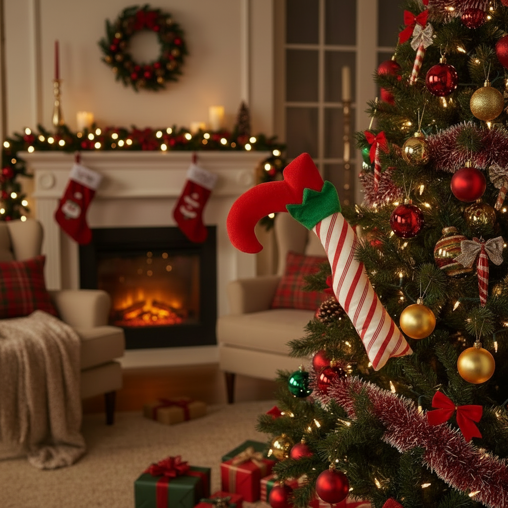 A festive Christmas elf leg pick decoration with a red shoe on a striped white and red stick, with green holly on top.