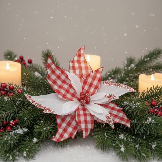 A red and white checked artificial poinsettia stem with a pick length of 67cm.