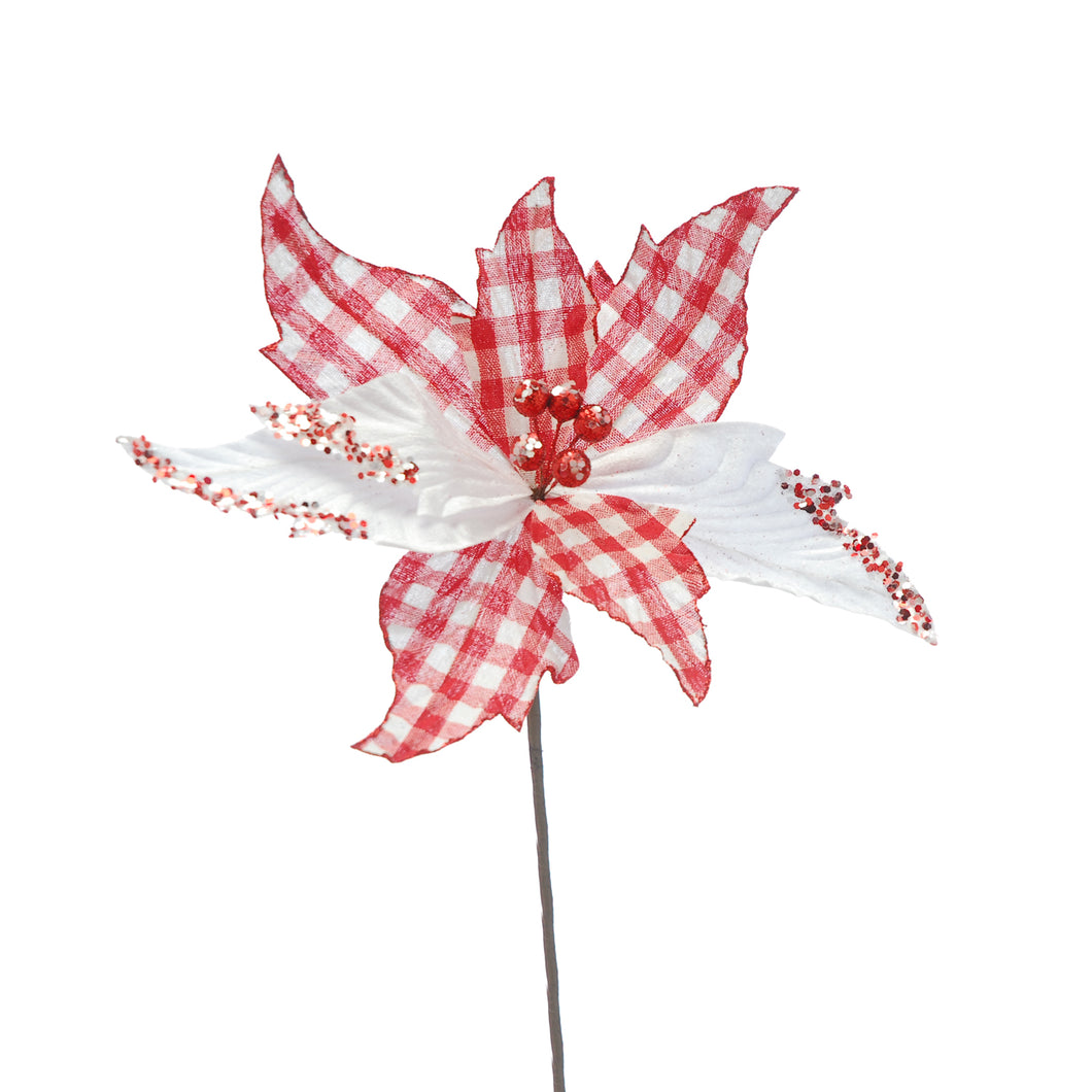 Red and White Checked Poinsettia Stem 67cm