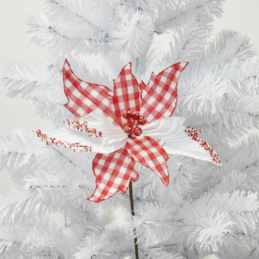 A red and white checked artificial poinsettia stem with a pick length of 67cm.