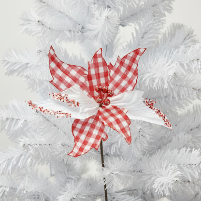 A red and white checked artificial poinsettia stem with a pick length of 67cm.
