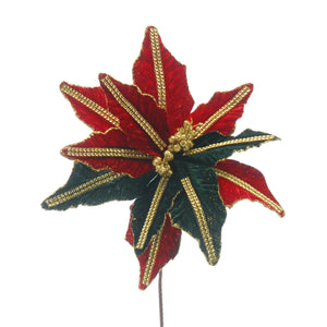 Red and Green Poinsettia with Gold Sequin Stem 67cm
