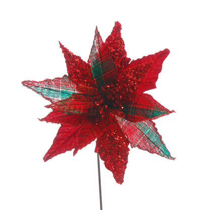 Red and Tartan with Sequins Christmas Poinsettia Stem 54cm