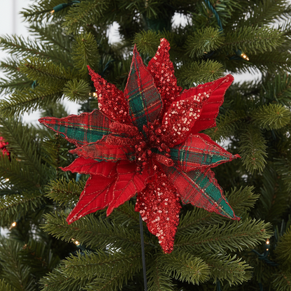 Artificial red poinsettia stem with green and black tartan pattern and sequins embellishments.
