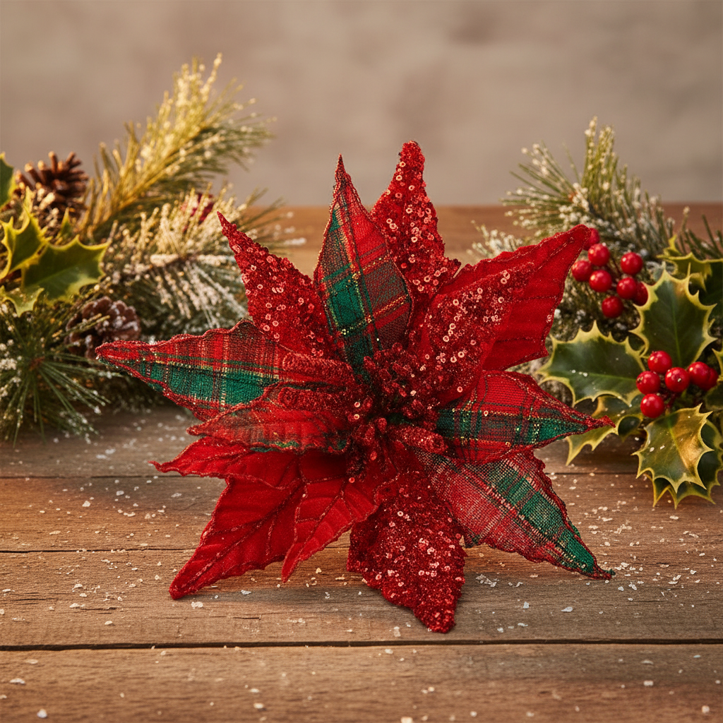 Artificial red poinsettia stem with green and black tartan pattern and sequins embellishments.