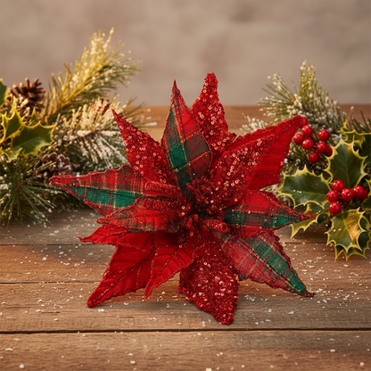 Artificial red poinsettia stem with green and black tartan pattern and sequins embellishments.