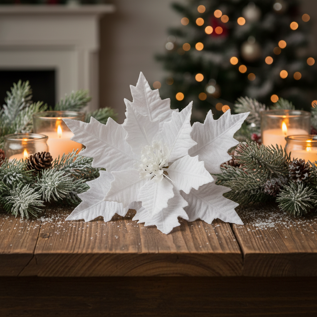 White Christmas Poinsettia with White Glitter Stem 70cm