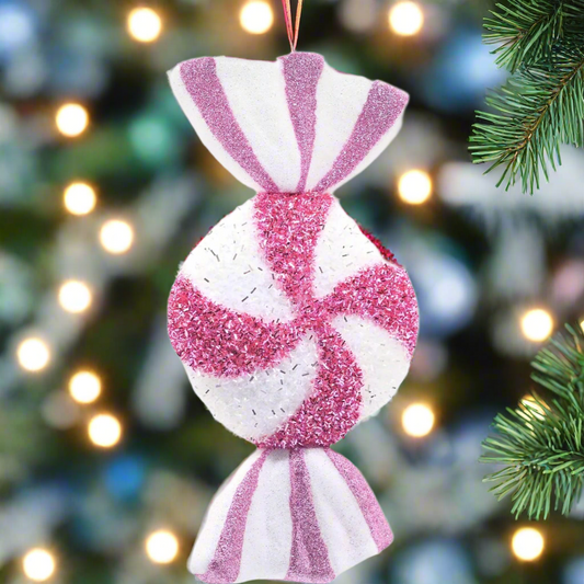 Large Pink Candy Stripe Sweet Hanging Christmas Decoration