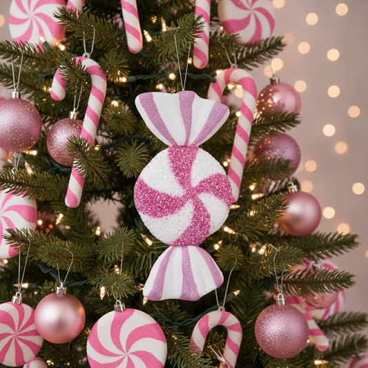 Large Pink Candy Stripe Sweet Hanging Christmas Decoration