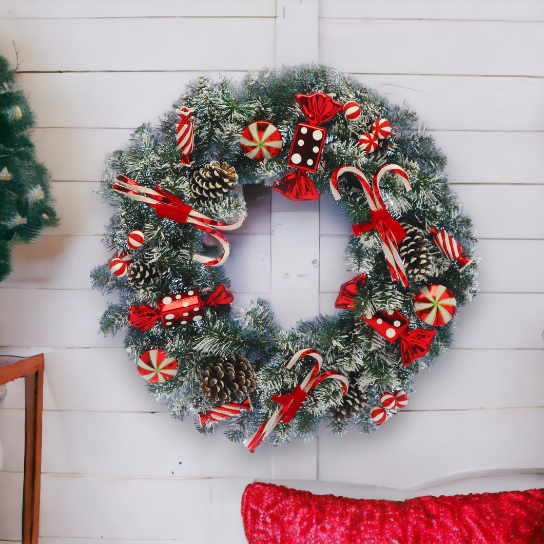 Candy Cane Theme Pre Decorated Wreath 76cm