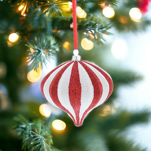 Red and White Glitter Stripped Teardrop Hanging Decoration