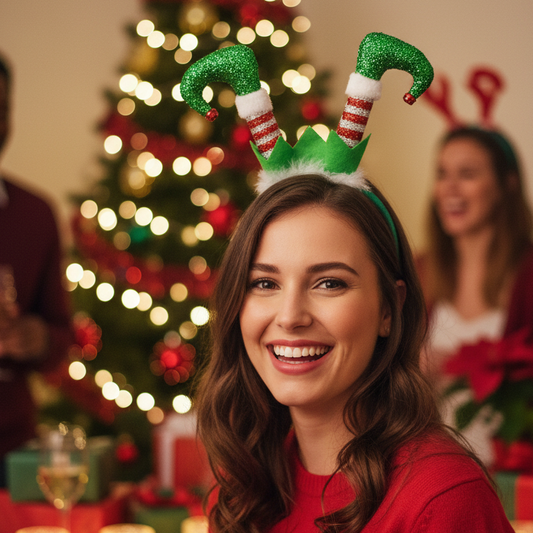 Woman wearing festive green and red headband with candy cane design, surrounded by people and Christmas decorations.