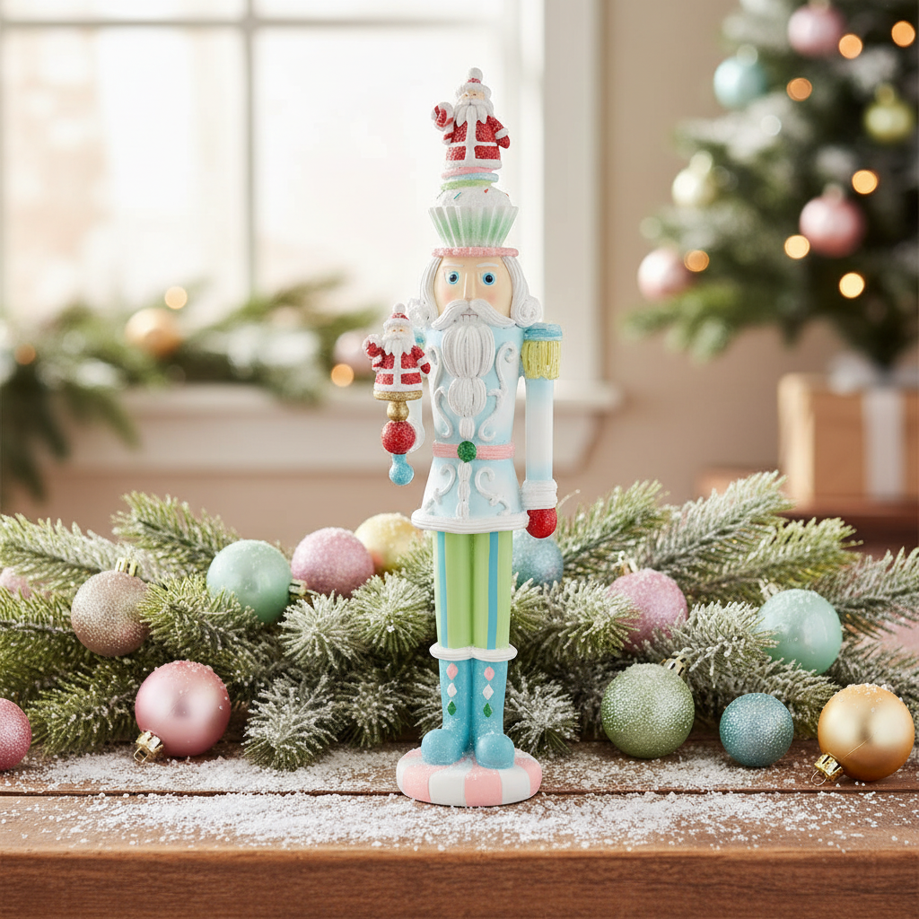 A pastel-colored Christmas nutcracker figurine with a cupcake design, standing 40cm tall.