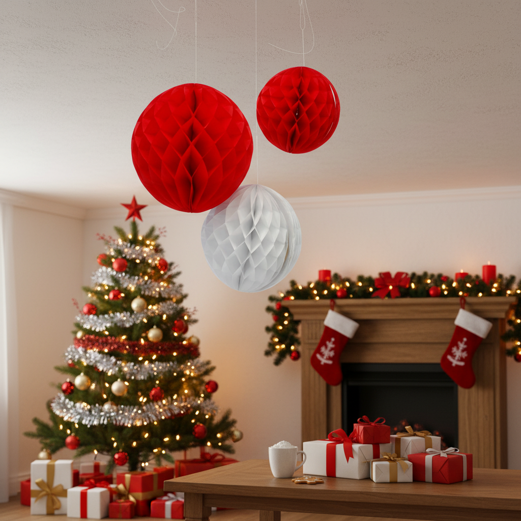 Pack of 3 Red and White Paper Ball Retro Christmas Decoration