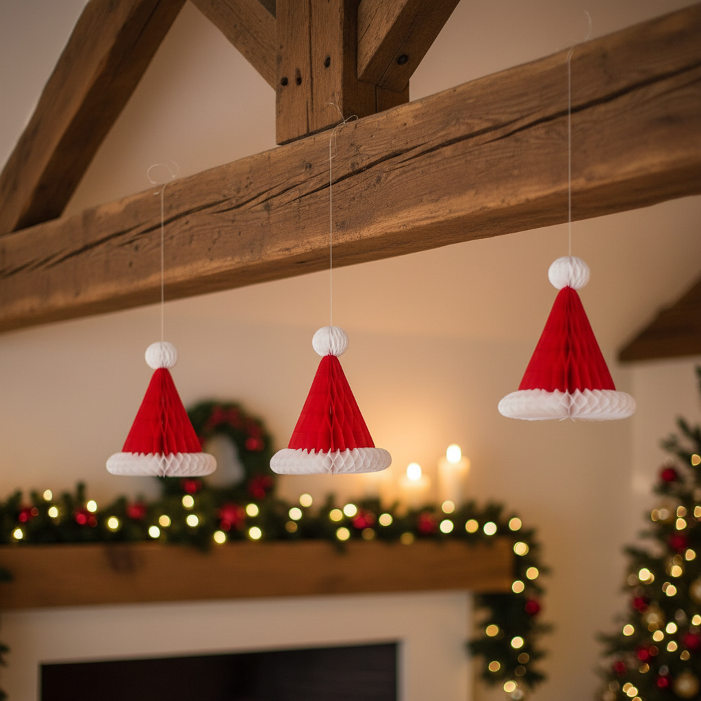 Pack of 3 Paper Honeycomb Santa Hats Hanging Christmas Decoration