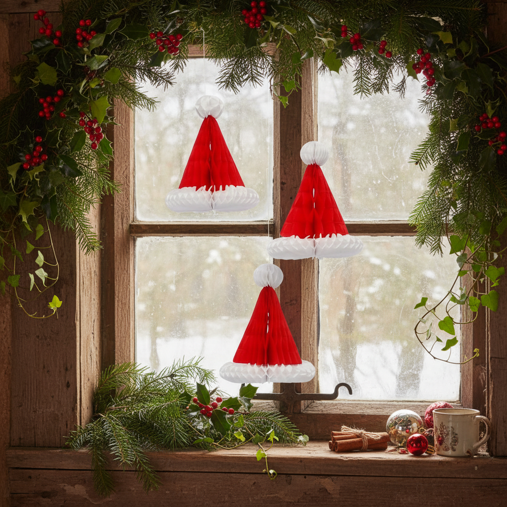 Pack of 3 Paper Honeycomb Santa Hats Hanging Christmas Decoration