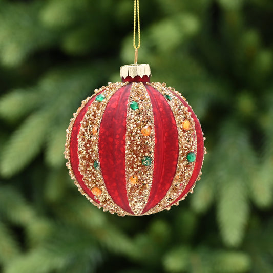 Red and Gold Glitter Jewelled Glass Christmas Tree Bauble