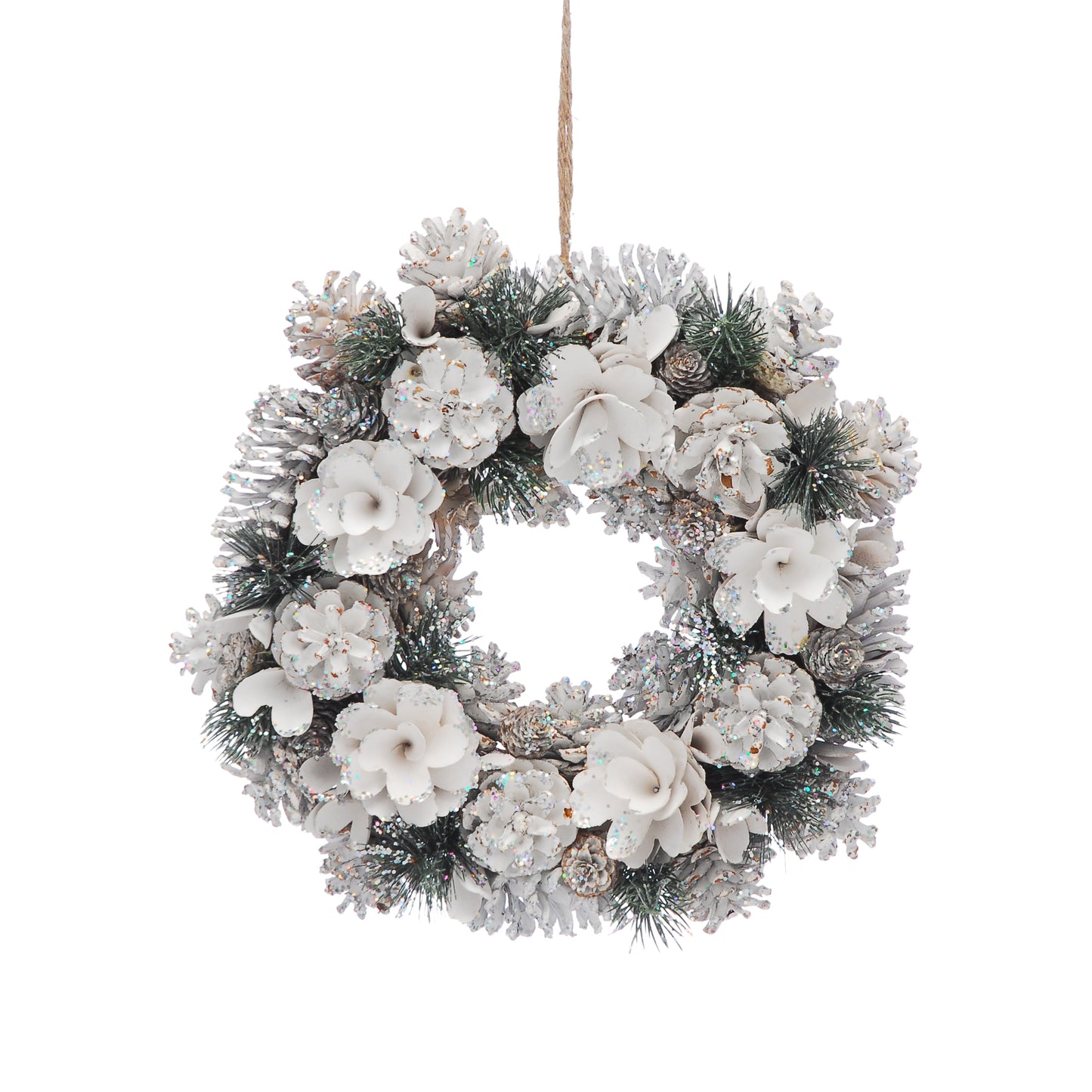 Snow White Flowers and Pinecone Christmas Wreath 36cm