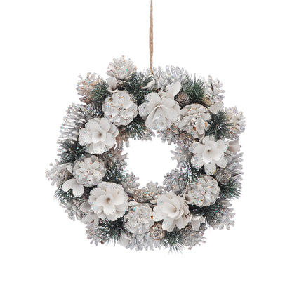 Snow White Flowers and Pinecone Christmas Wreath 36cm
