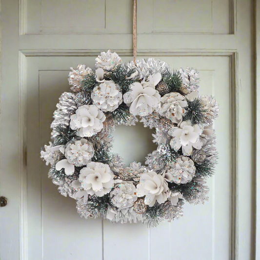 Snow White Flowers and Pinecone Christmas Wreath 36cm