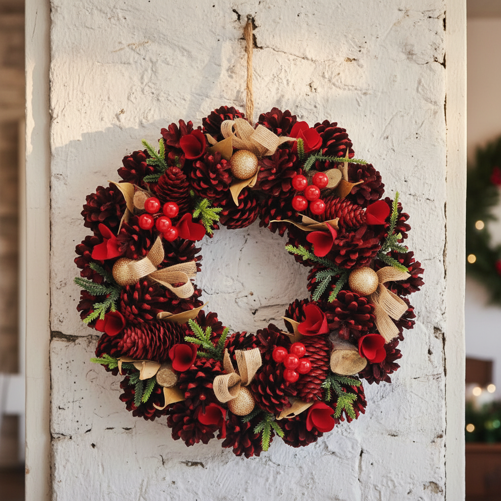 Red Rose and Pinecone Christmas Wreath 36cm