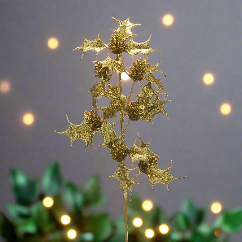 A 61cm stem decoration featuring glitter-dusted holly and pine cones, primarily in gold color.