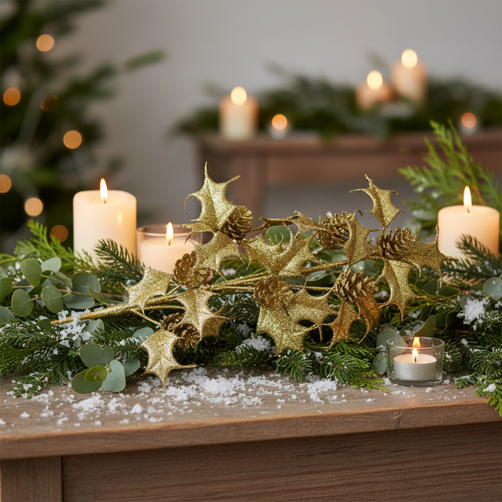 A 61cm stem decoration featuring glitter-dusted holly and pine cones, primarily in gold color.