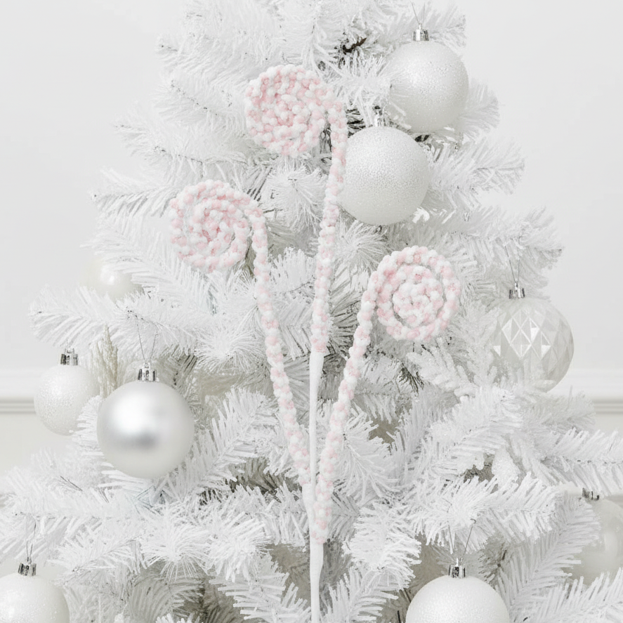 A pastel pink 3 swirl Christmas stem decoration.