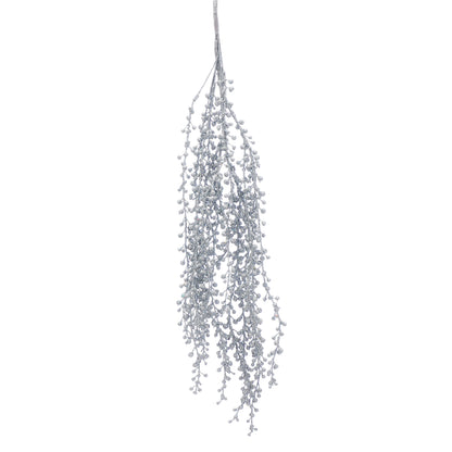 A silver glitter hanging Christmas spray decoration featuring a bunch of artificial berries.