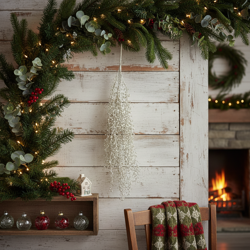 A hanging Christmas berry spray decoration featuring gold glitter and green artificial berries on a white background.