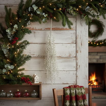 A hanging Christmas berry spray decoration featuring gold glitter and green artificial berries on a white background.