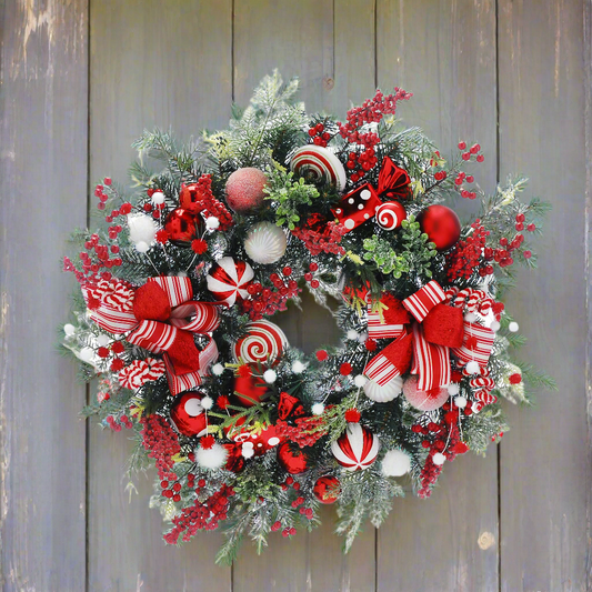 A pre-decorated Christmas wreath with red berries, candy cane, and other festive decorations.