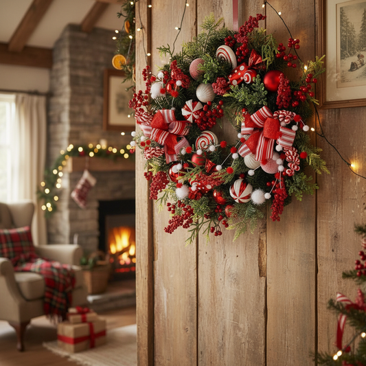 A pre-decorated Christmas wreath with red berries, candy cane, and other festive decorations.