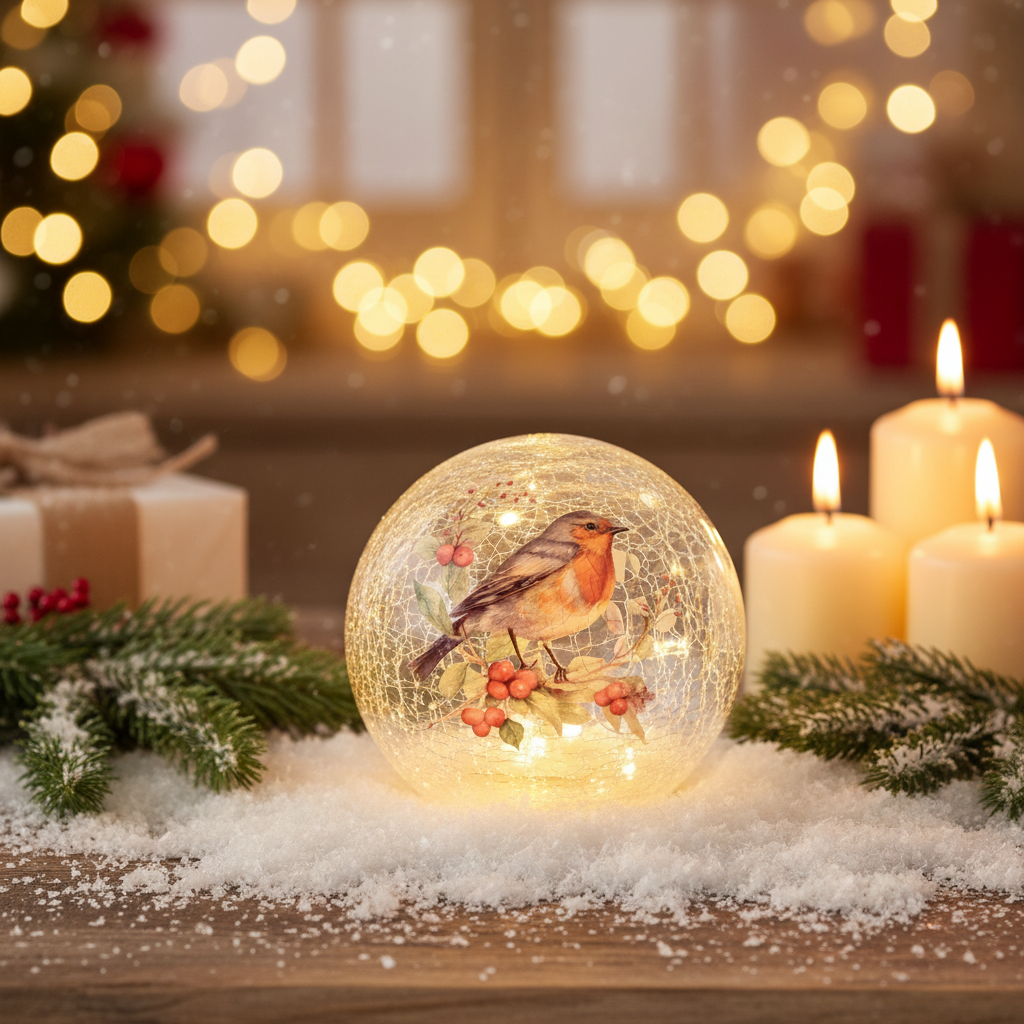 Decorative glass ball with a robin on berries, surrounded by candles and Christmas decorations.
