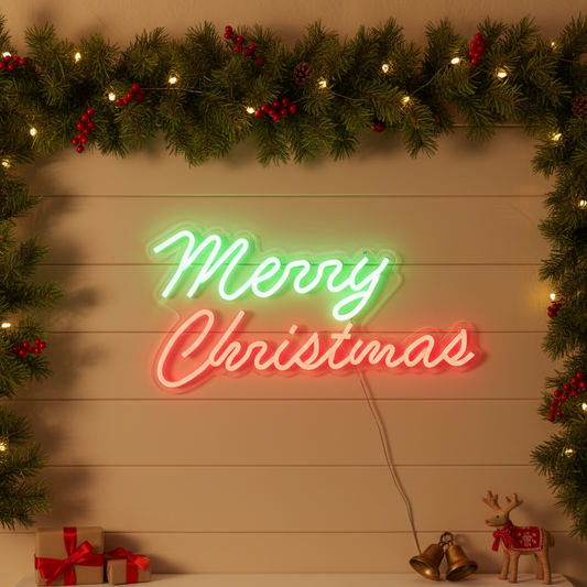 Neon sign with 'Merry Christmas' on a dark blue wall with candles and greenery.