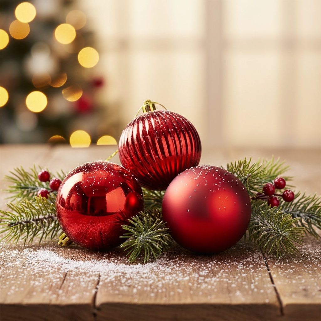 Red Christmas ornaments on a wooden surface with a blurred festive background