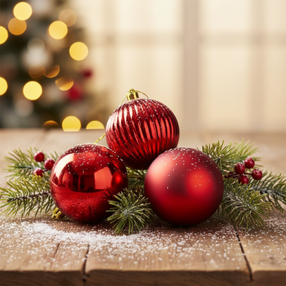 Red Christmas ornaments on a wooden surface with a blurred festive background