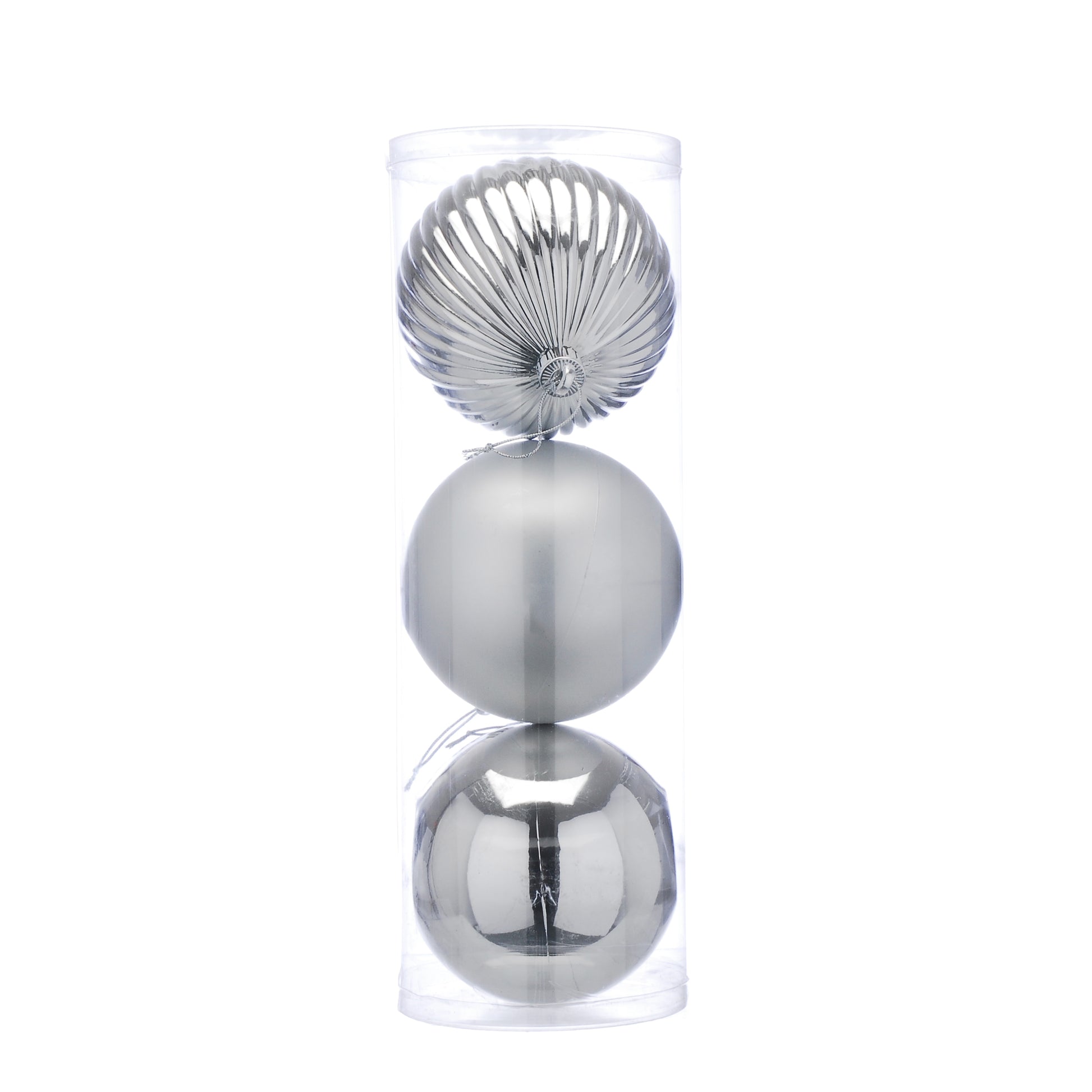 Set of three metallic spheres stacked on a white background