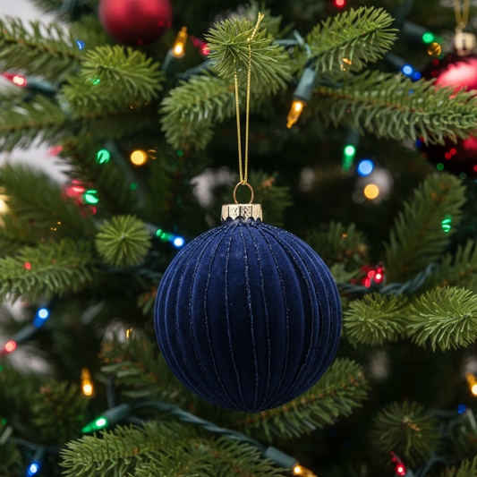 Navy blue ribbed Christmas ornament on a tree
