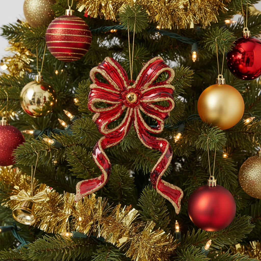 Red and Gold Glitter Long Tail Bow Christmas Tree Decoration